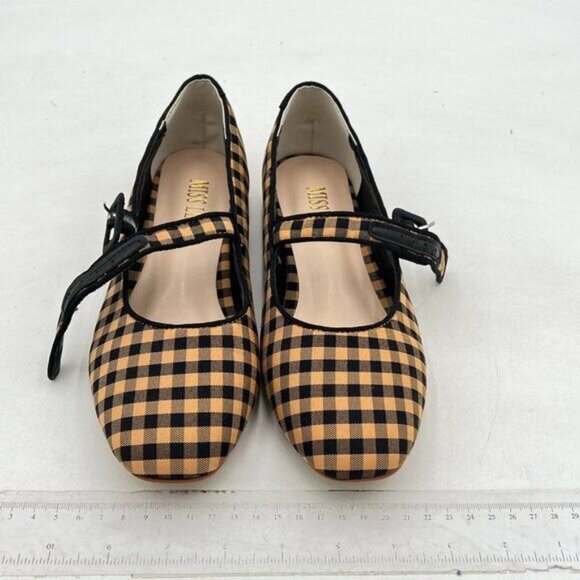 Miss left Yellow Black Plaid Buckle Strap Mary Jane Round Toe Ballet Flats - Picture 3 of 8